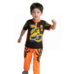 【Online Order Kids Orange-Black Dragon Lion Dance Uniform Set】|Kwok's Kung Fu Dragon & Lion Dance Troupe|Cultural Promotion|Orange-Black color-block design|V-neck button front|Short-sleeve cut|Top with gold dragon embroidery|Pants with black flame pattern 【Online Order Kids Orange-Black Dragon Lion Dance Uniform Set】|Kwok's Kung Fu Dragon & Lion Dance Troupe|Cultural Promotion|Orange-Black color-block design|V-neck button front|Short-sleeve cut|Top with gold dragon embroidery|Pants with black flame pattern